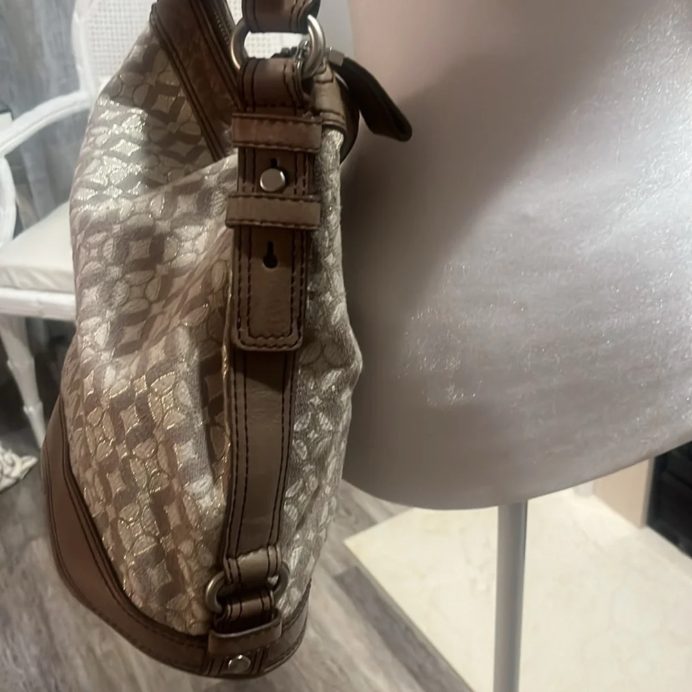 Fossil Maddox Beige metallic Leather Canvas over the shoulder hobo purse
